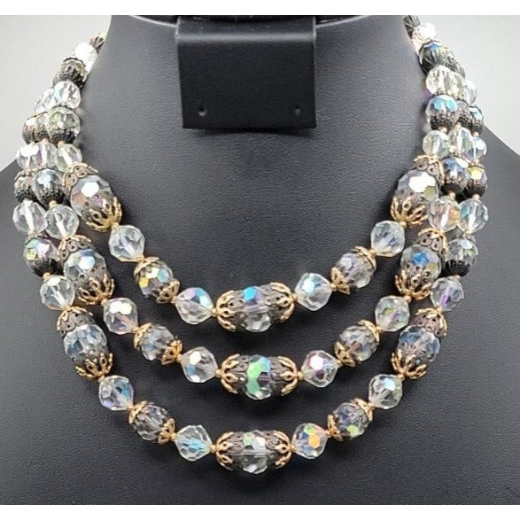 Vintage Vendome Aurora Borealis Crystal Beaded Necklace Filigree Caged  Choker