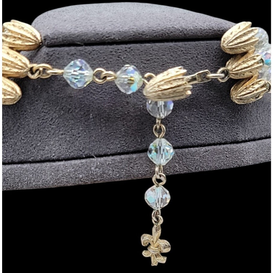 Vintage Vendome Aurora Borealis Crystal Beaded Necklace Filigree Caged  Choker