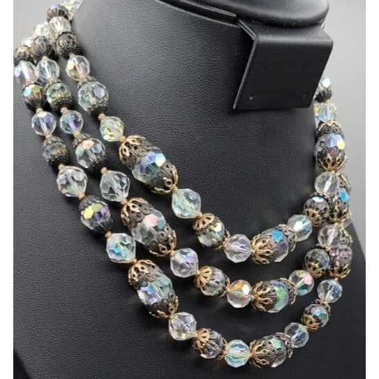 Vintage Vendome Aurora Borealis Crystal Beaded Necklace Filigree Caged  Choker