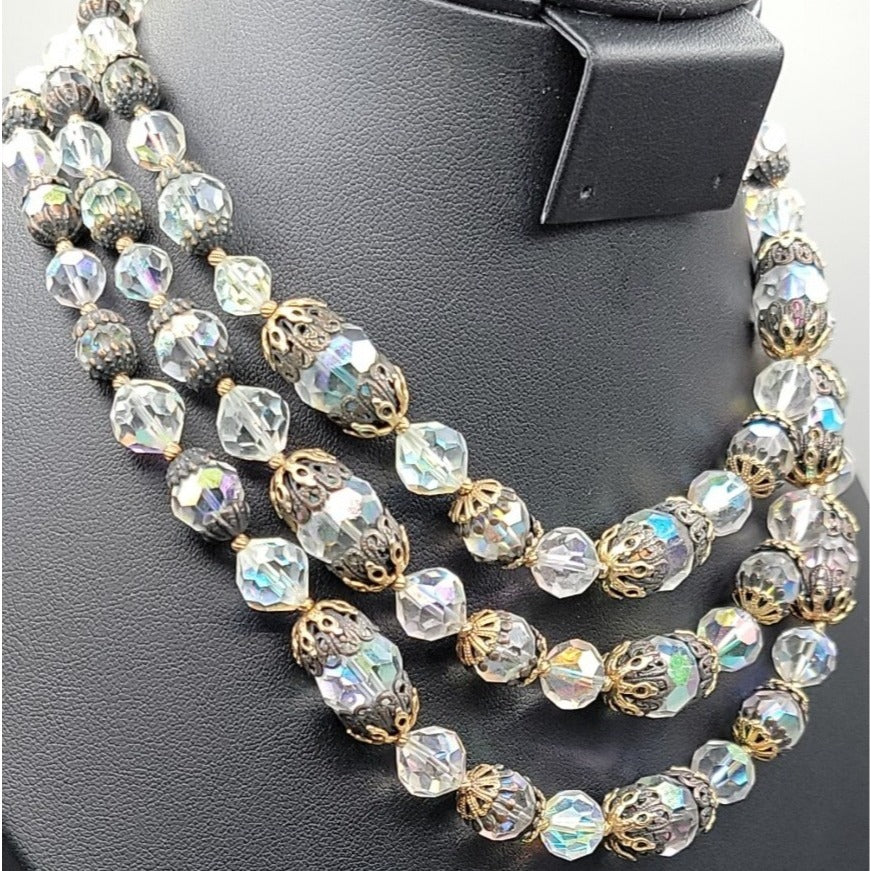 Vintage Vendome Aurora Borealis Crystal Beaded Necklace Filigree Caged  Choker