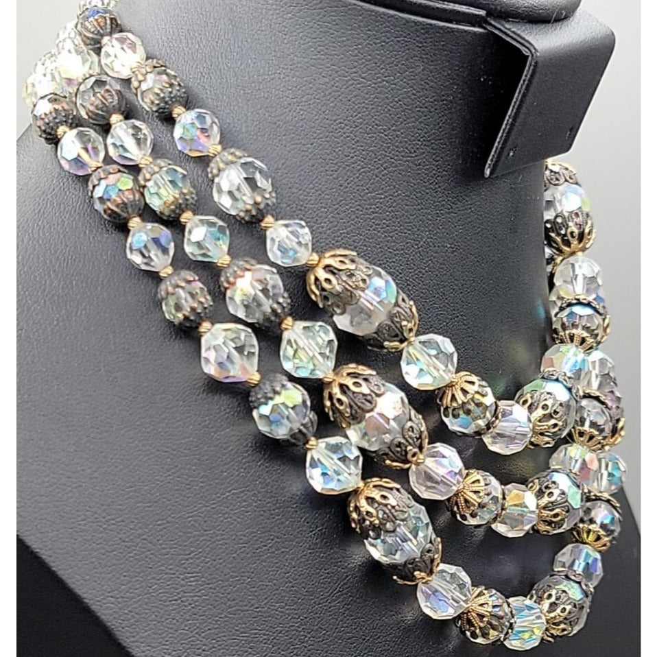 Vintage Vendome Aurora Borealis Crystal Beaded Necklace Filigree Caged  Choker
