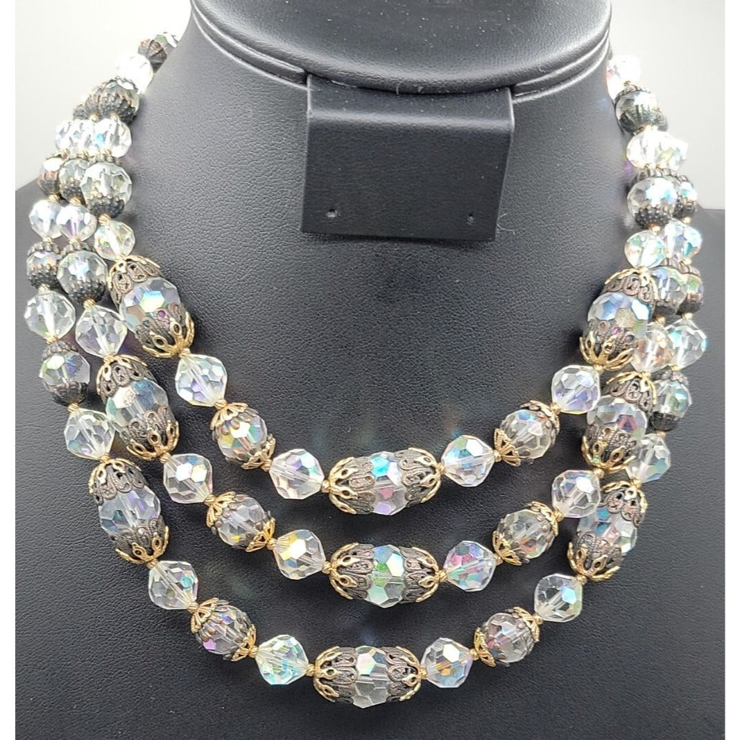 Vintage Vendome Aurora Borealis Crystal Beaded Necklace Filigree Caged  Choker
