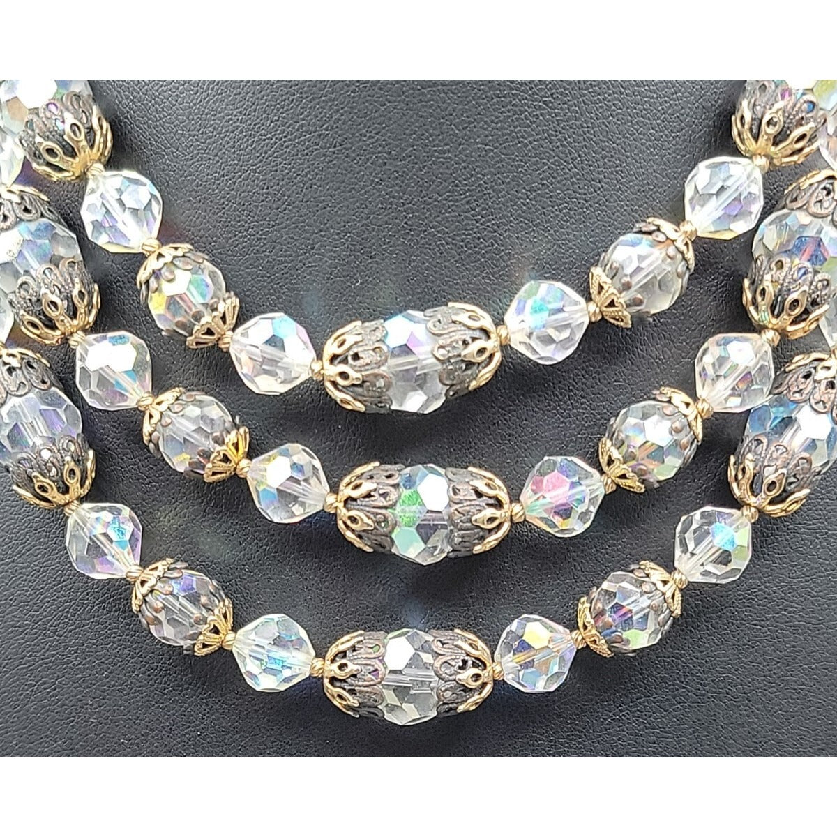 Vintage Vendome Aurora Borealis Crystal Beaded Necklace Filigree Caged  Choker