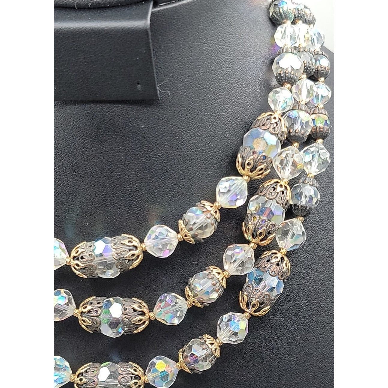Vintage Vendome Aurora Borealis Crystal Beaded Necklace Filigree Caged  Choker