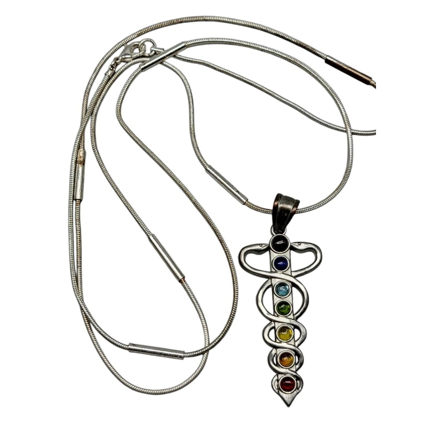 Chakra Healing Caduceus Pendant Necklace Faux Gemstones 35" Chain Silver Tone