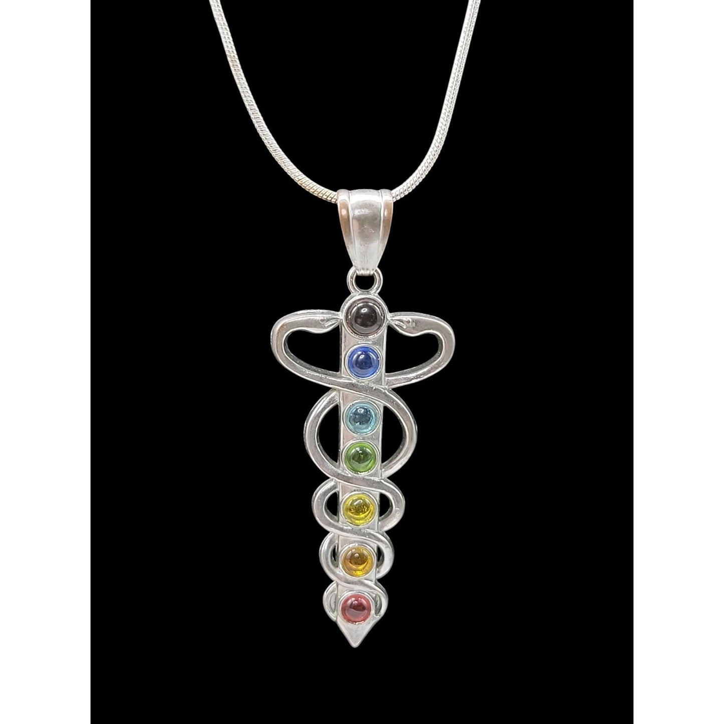 Chakra Healing Caduceus Pendant Necklace Faux Gemstones 35" Chain Silver Tone