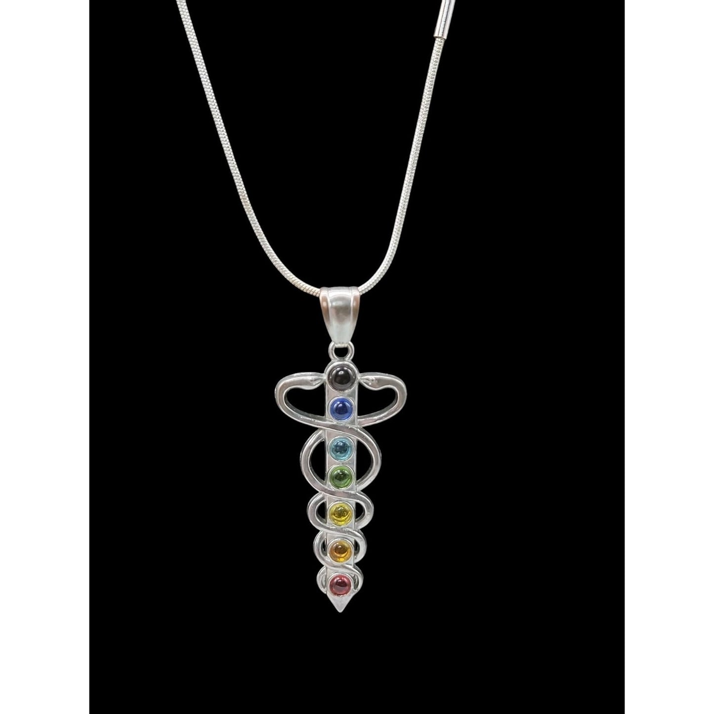 Chakra Healing Caduceus Pendant Necklace Faux Gemstones 35" Chain Silver Tone