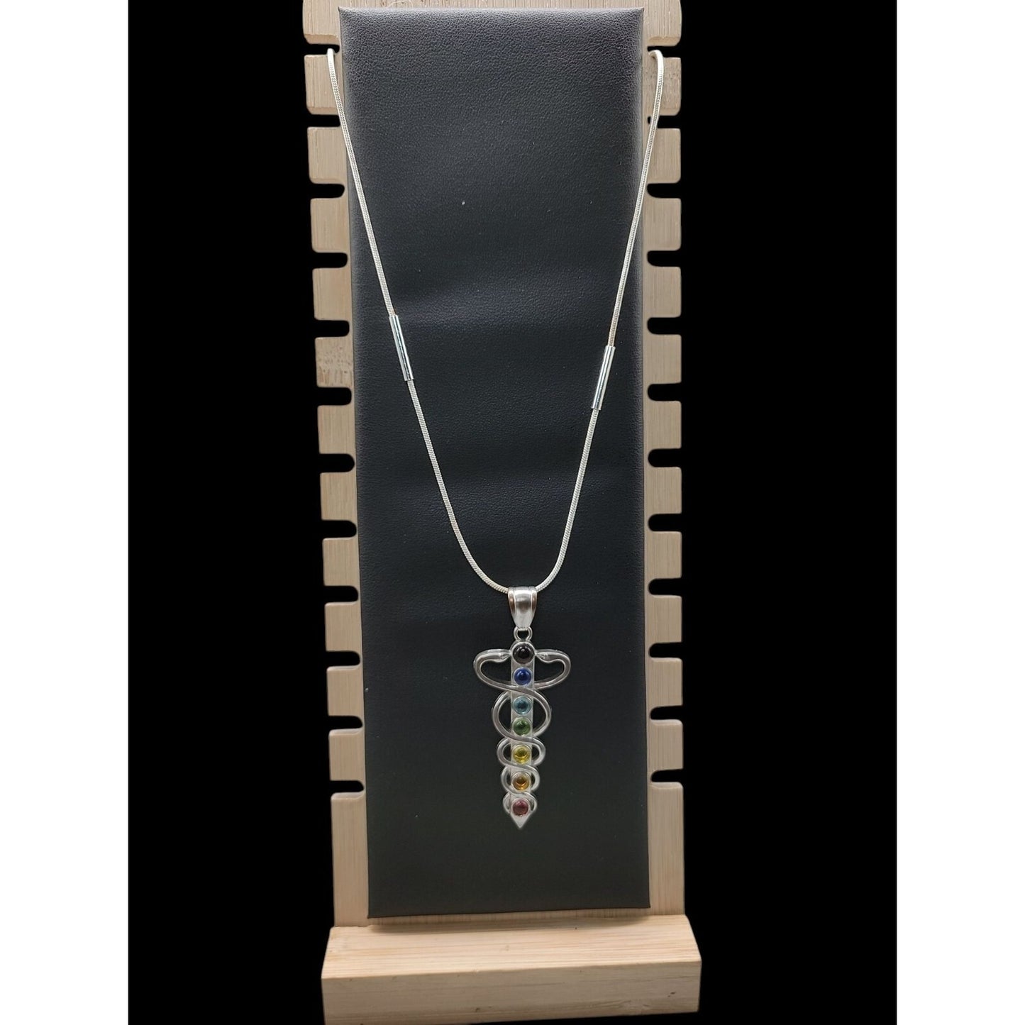 Chakra Healing Caduceus Pendant Necklace Faux Gemstones 35" Chain Silver Tone