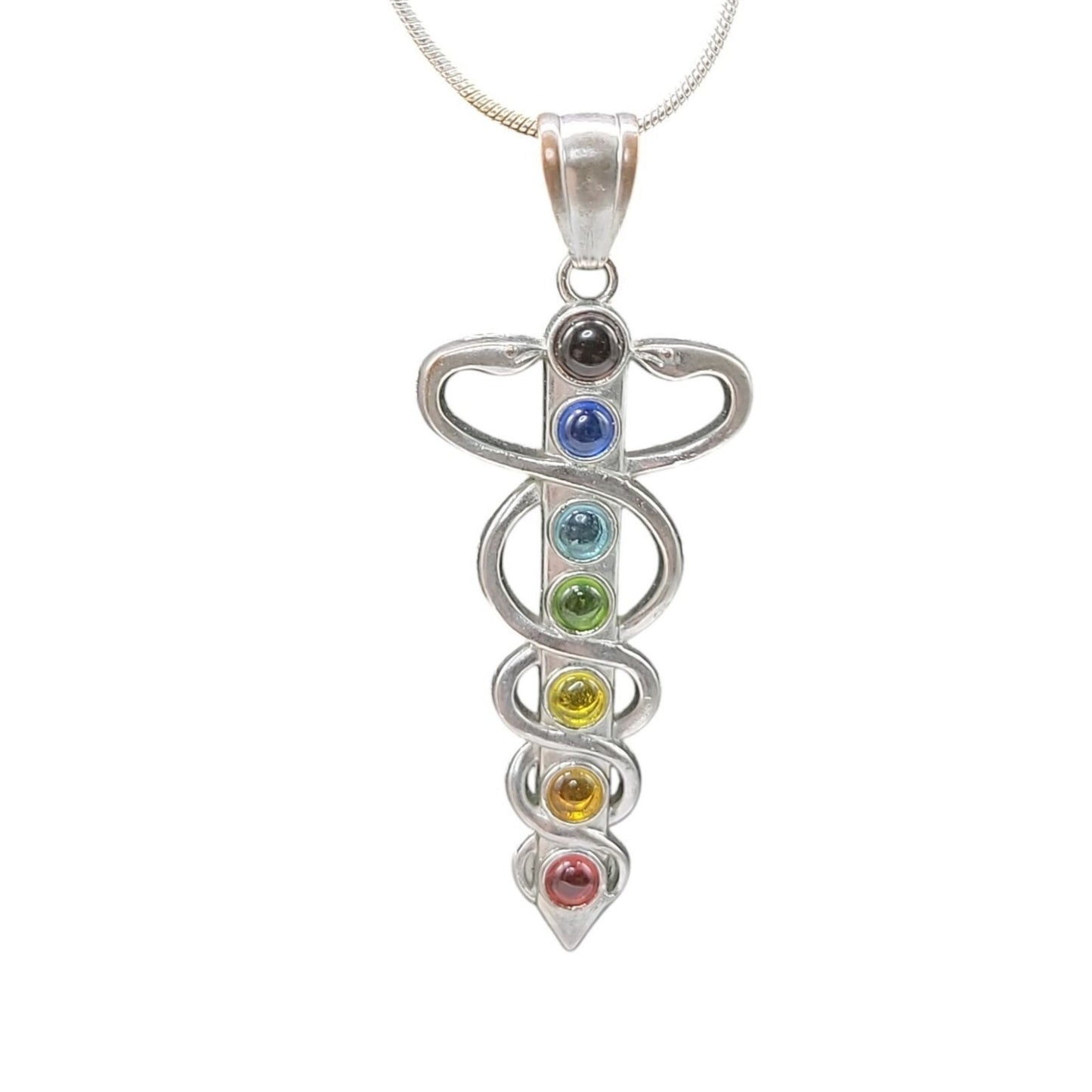 Chakra Healing Caduceus Pendant Necklace Faux Gemstones 35" Chain Silver Tone