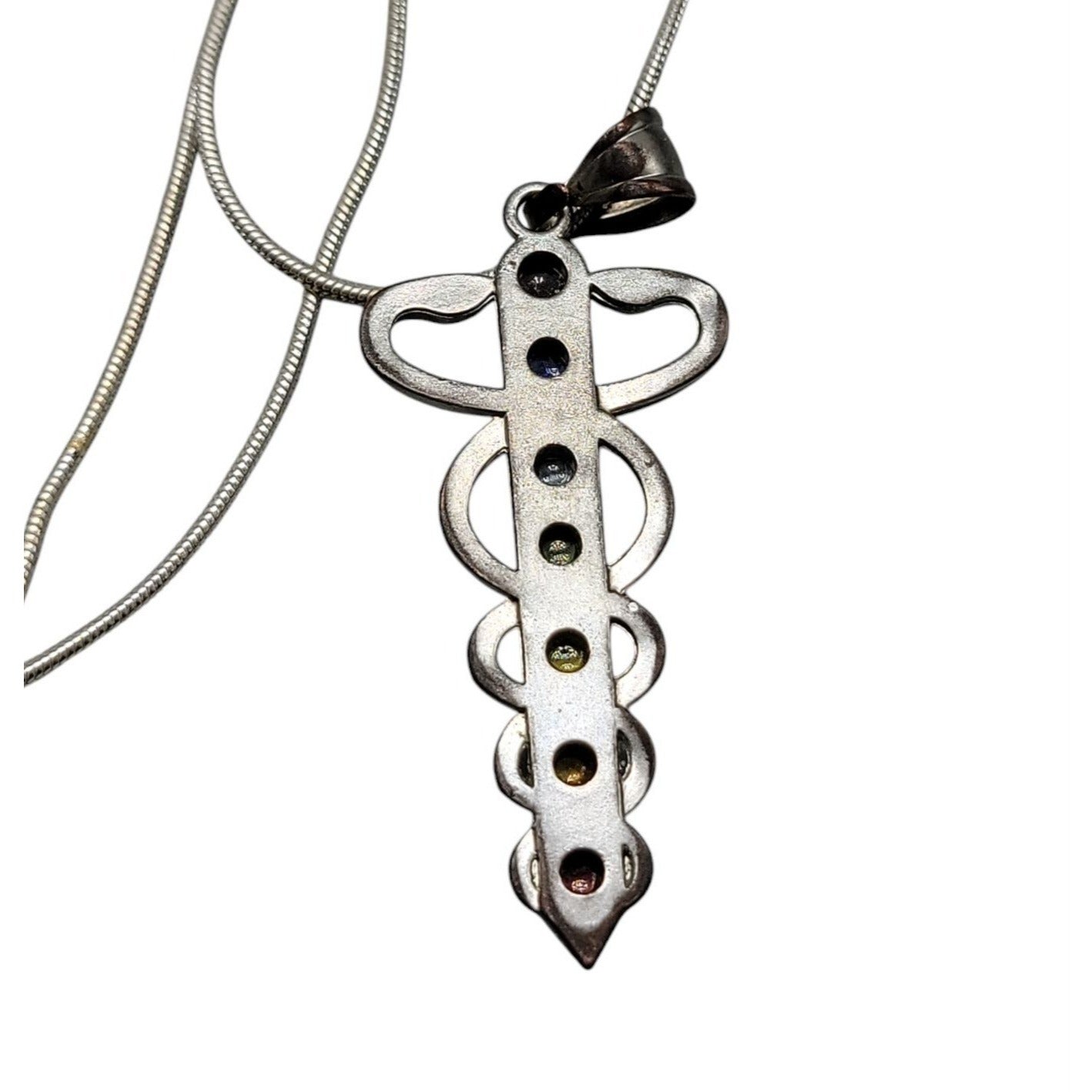 Chakra Healing Caduceus Pendant Necklace Faux Gemstones 35" Chain Silver Tone