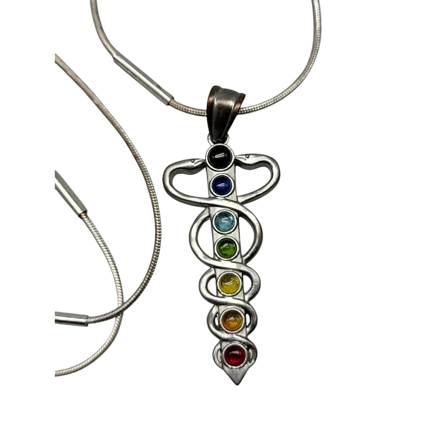 Chakra Healing Caduceus Pendant Necklace Faux Gemstones 35" Chain Silver Tone