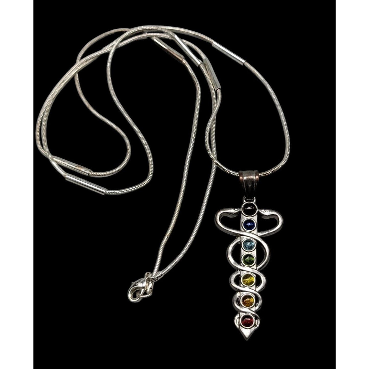 Chakra Healing Caduceus Pendant Necklace Faux Gemstones 35" Chain Silver Tone