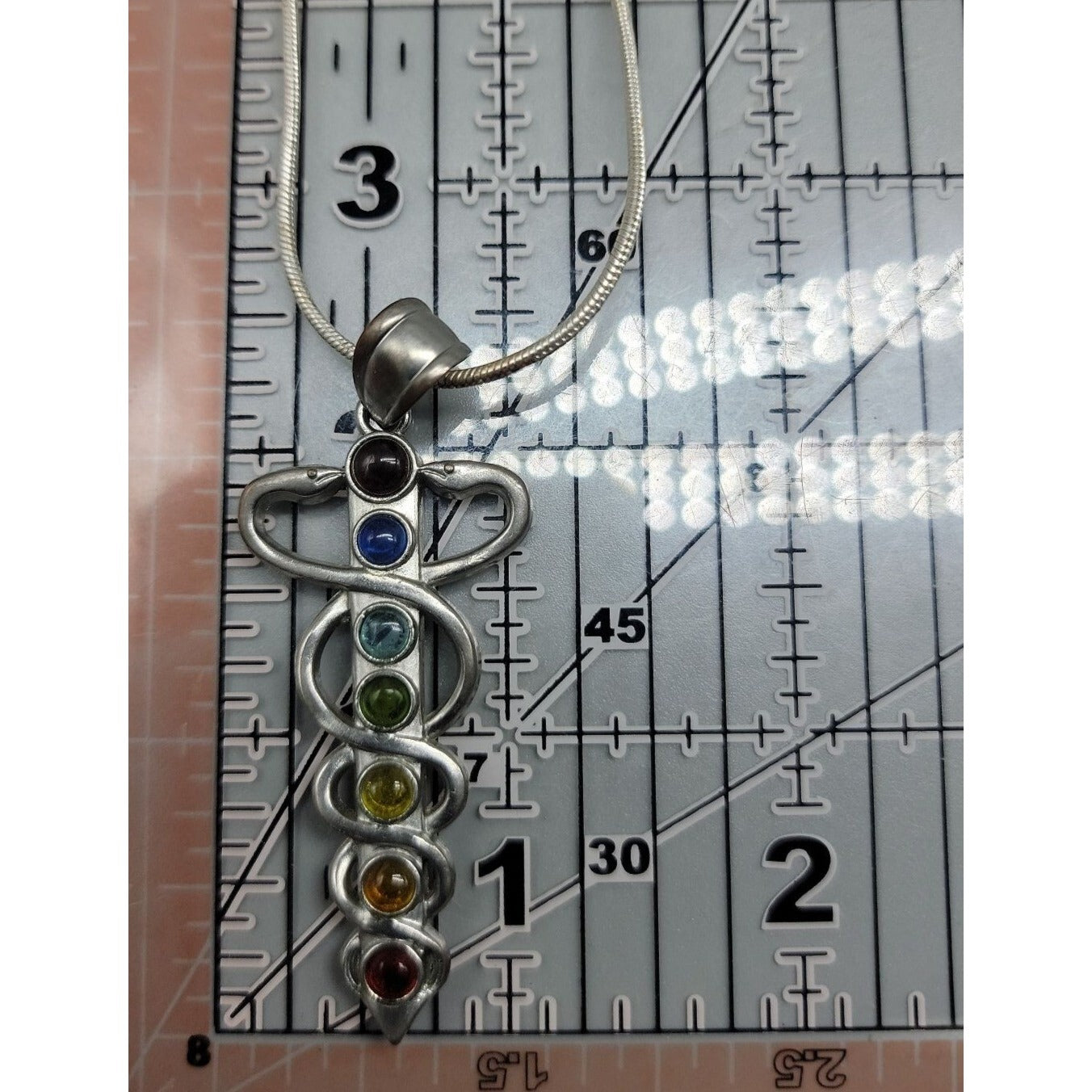 Chakra Healing Caduceus Pendant Necklace Faux Gemstones 35" Chain Silver Tone