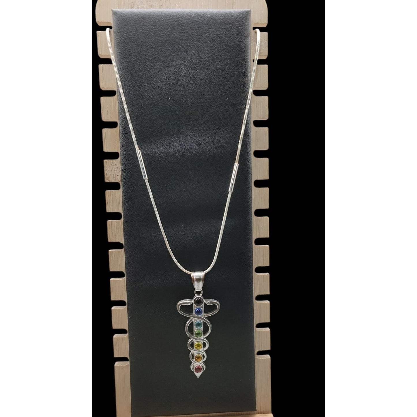 Chakra Healing Caduceus Pendant Necklace Faux Gemstones 35" Chain Silver Tone