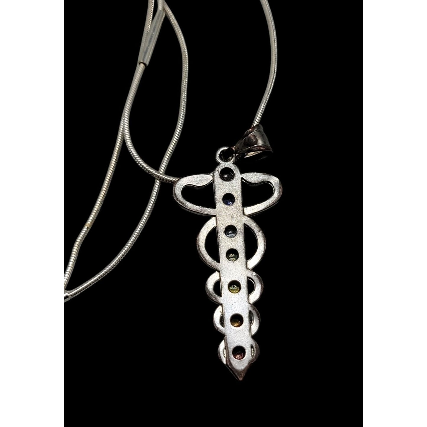 Chakra Healing Caduceus Pendant Necklace Faux Gemstones 35" Chain Silver Tone