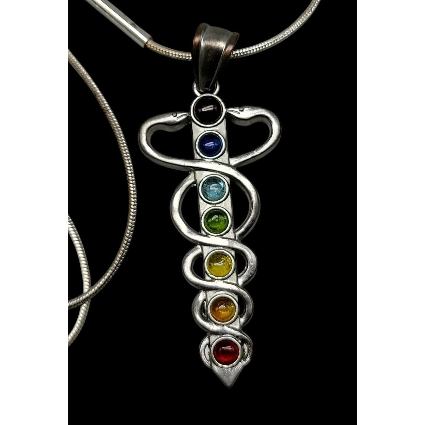 Chakra Healing Caduceus Pendant Necklace Faux Gemstones 35" Chain Silver Tone