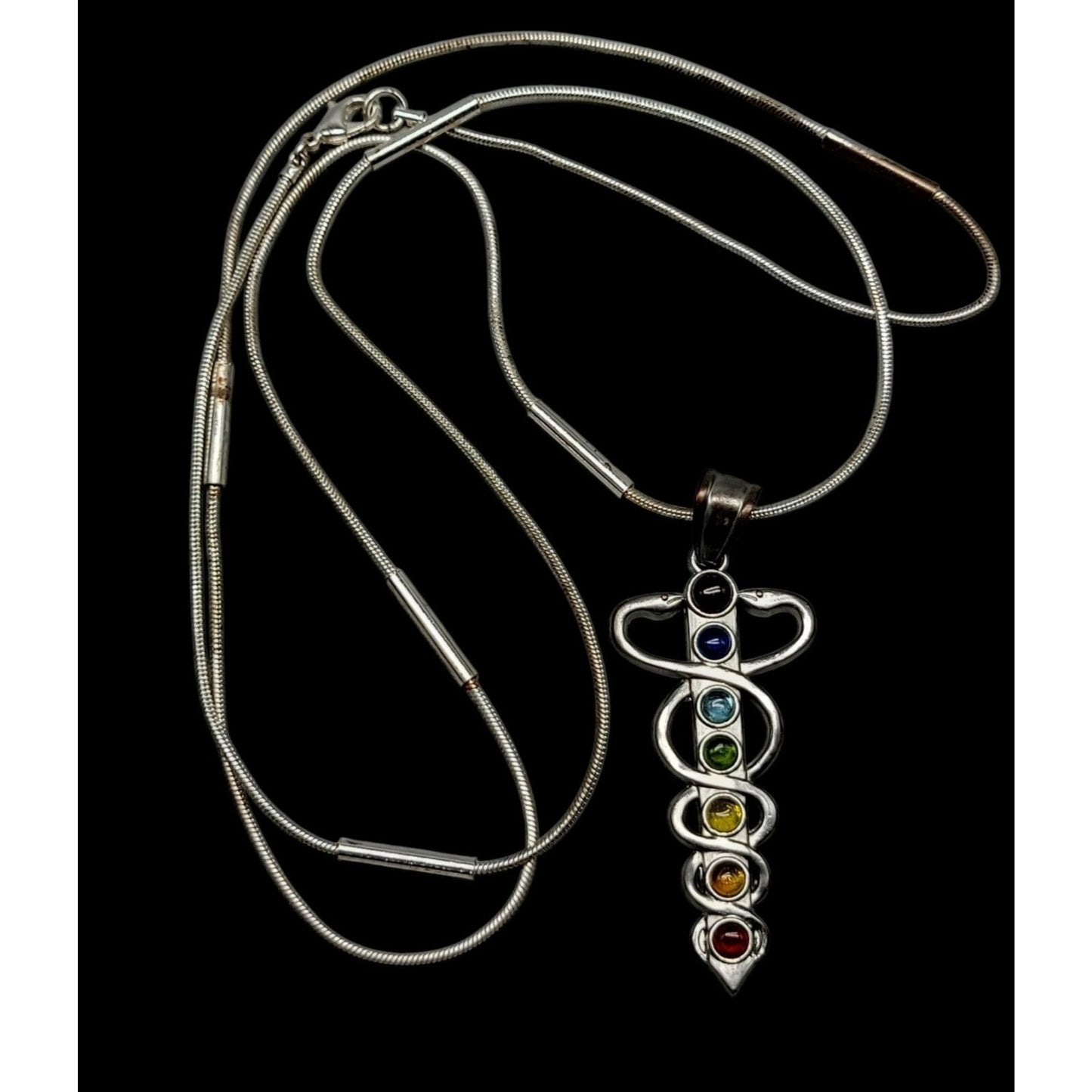 Chakra Healing Caduceus Pendant Necklace Faux Gemstones 35" Chain Silver Tone