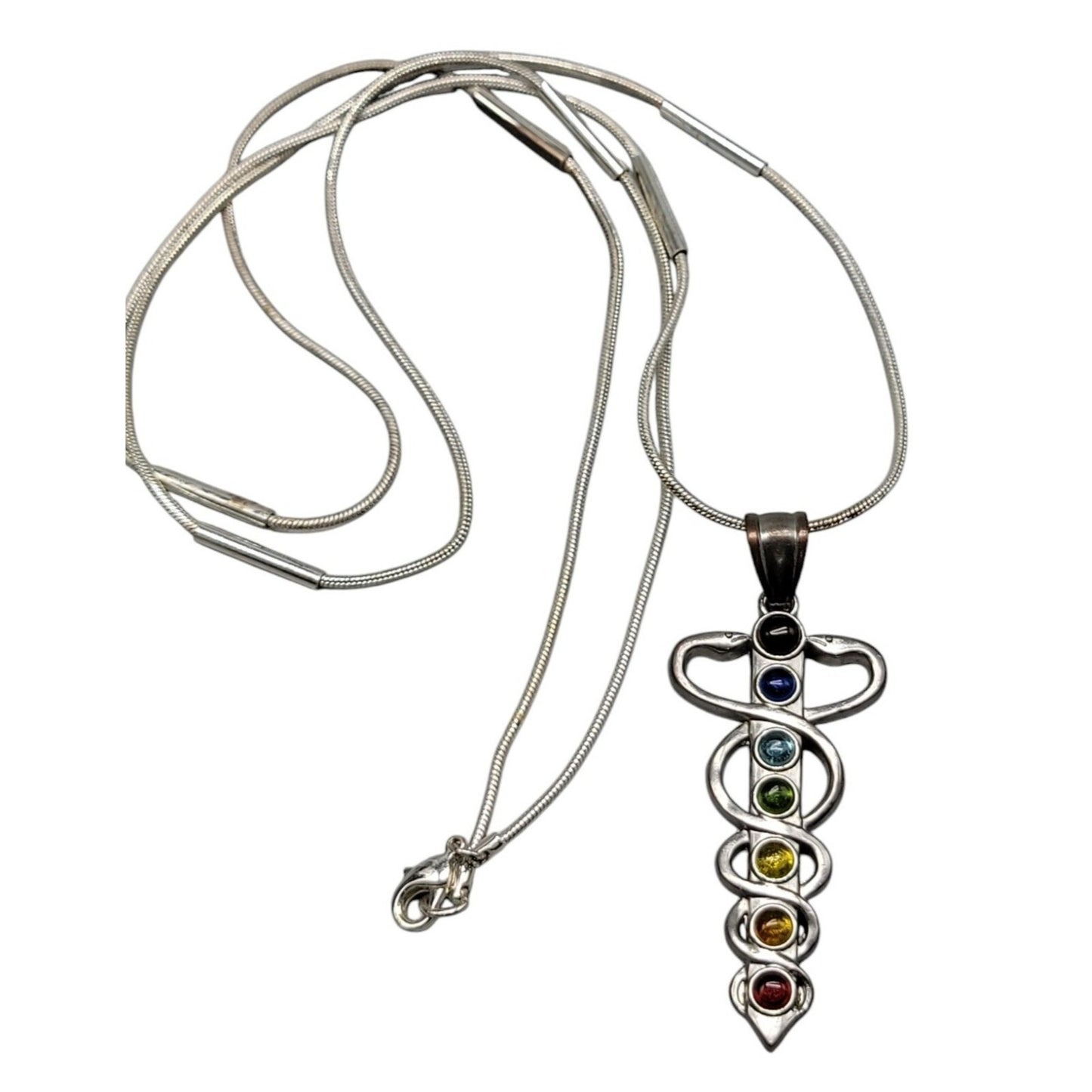 Chakra Healing Caduceus Pendant Necklace Faux Gemstones 35" Chain Silver Tone