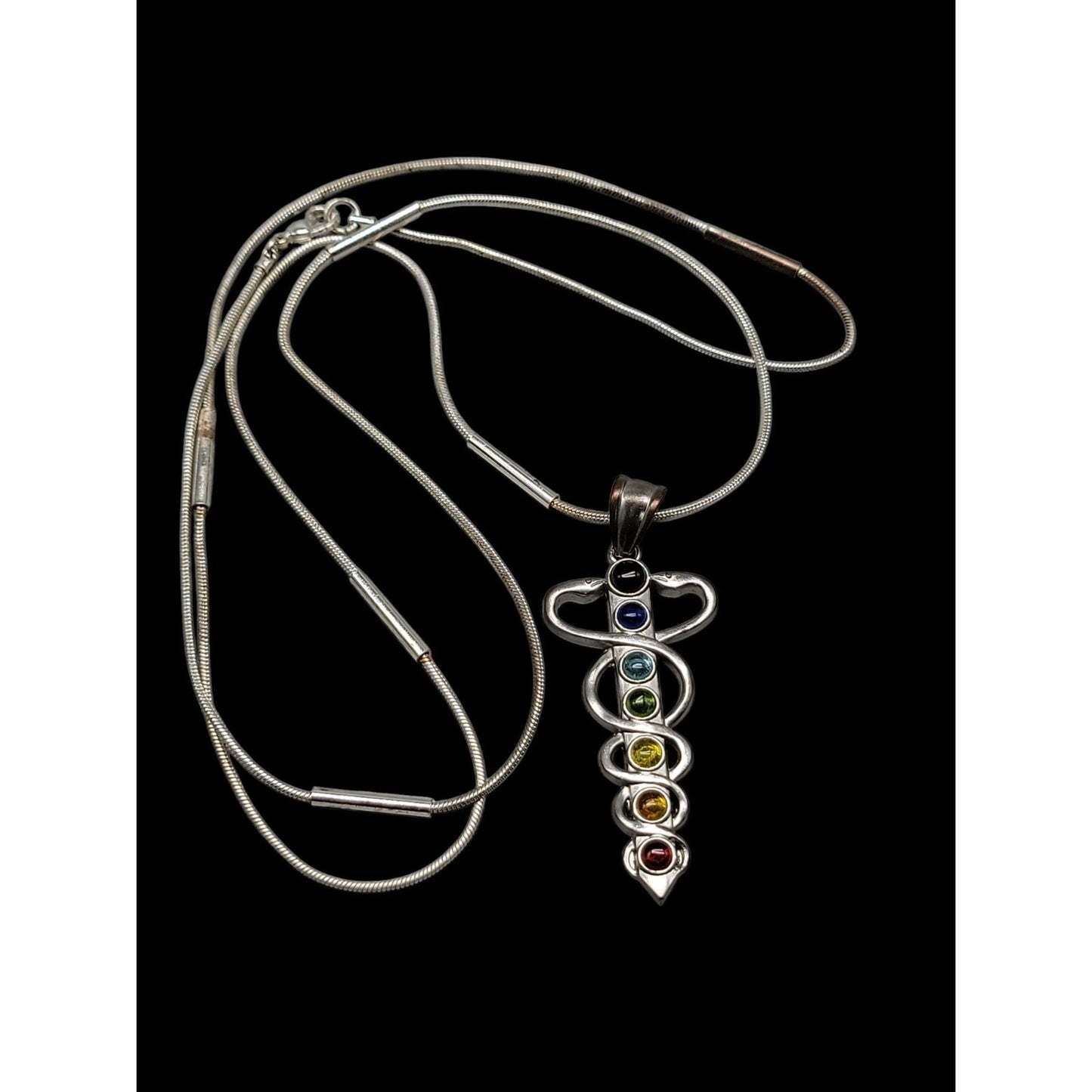 Chakra Healing Caduceus Pendant Necklace Faux Gemstones 35" Chain Silver Tone