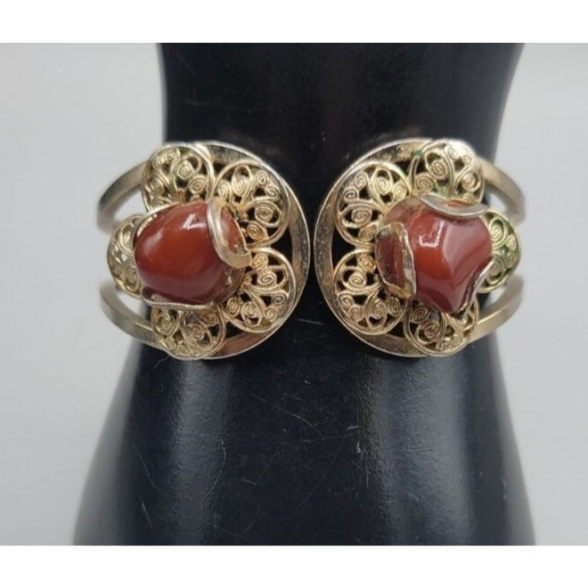 Juliana D&E Carnelian Cabochon Filigree Gold Tone Clamper Cuff Bracelet Vintage
