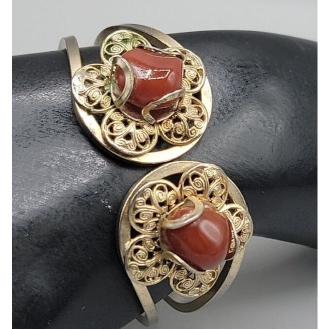 Juliana D&E Carnelian Cabochon Filigree Gold Tone Clamper Cuff Bracelet Vintage
