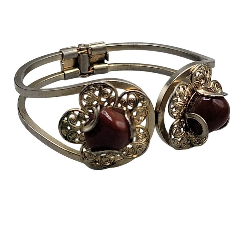 Juliana D&E Carnelian Cabochon Filigree Gold Tone Clamper Cuff Bracelet Vintage