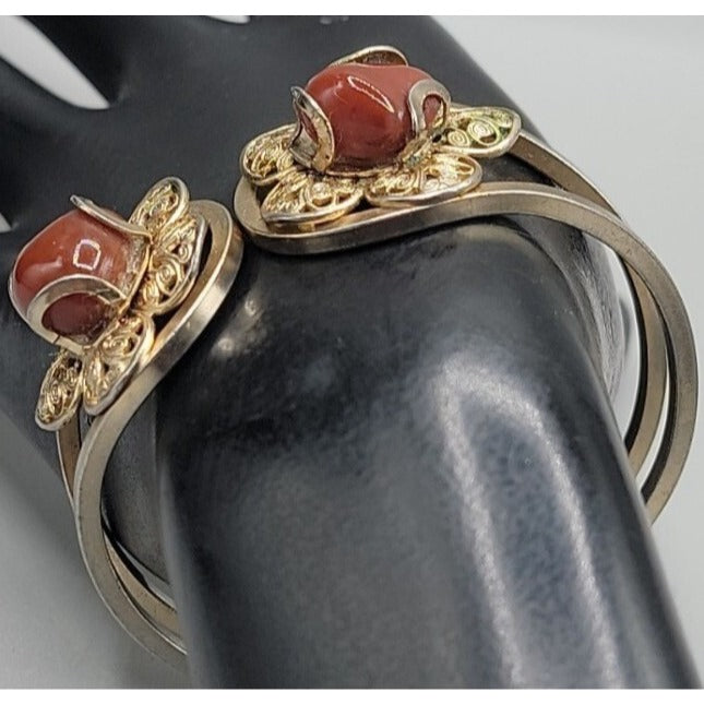 Juliana D&E Carnelian Cabochon Filigree Gold Tone Clamper Cuff Bracelet Vintage