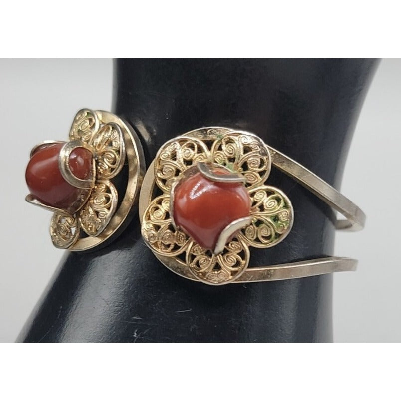Juliana D&E Carnelian Cabochon Filigree Gold Tone Clamper Cuff Bracelet Vintage