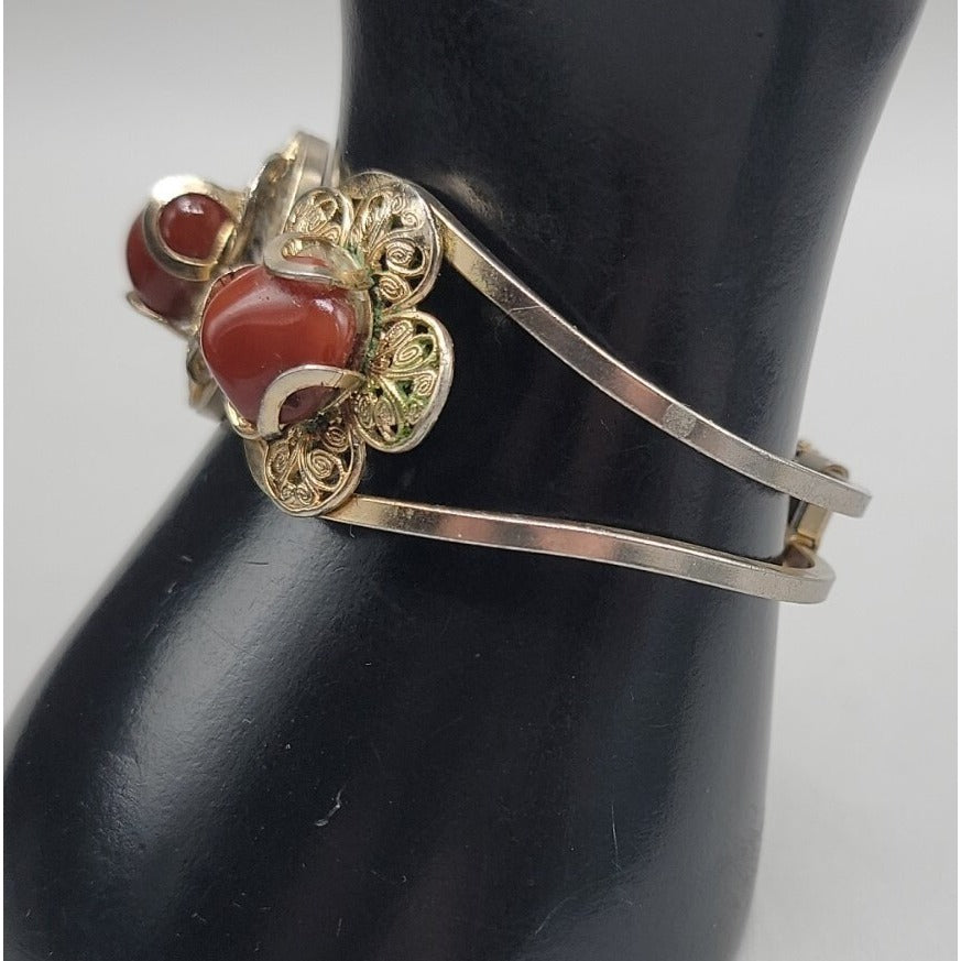 Juliana D&E Carnelian Cabochon Filigree Gold Tone Clamper Cuff Bracelet Vintage