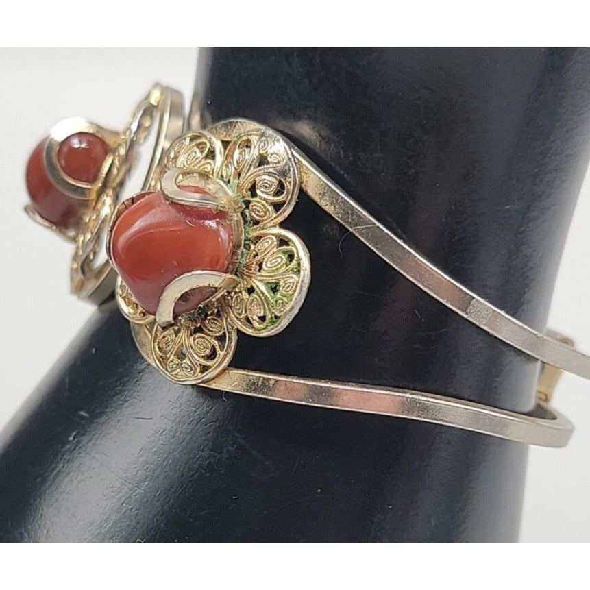 Juliana D&E Carnelian Cabochon Filigree Gold Tone Clamper Cuff Bracelet Vintage