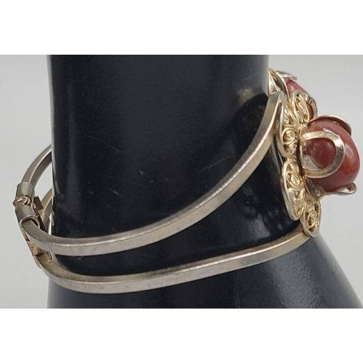 Juliana D&E Carnelian Cabochon Filigree Gold Tone Clamper Cuff Bracelet Vintage