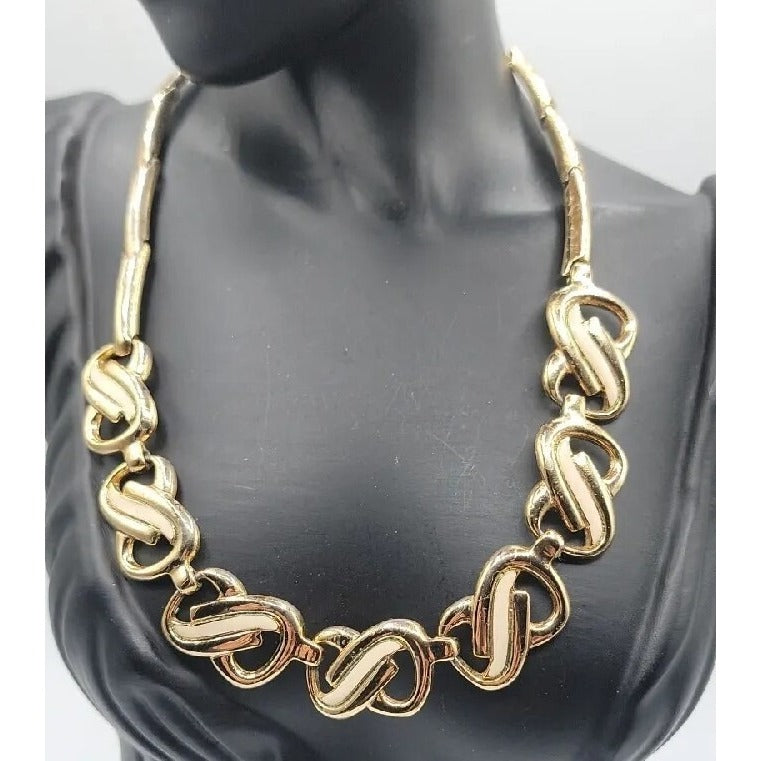 Vtg HR Paris Helena Rubinstein Gold Tone Cream Enamel Interlocking Choker Necklace 15"
