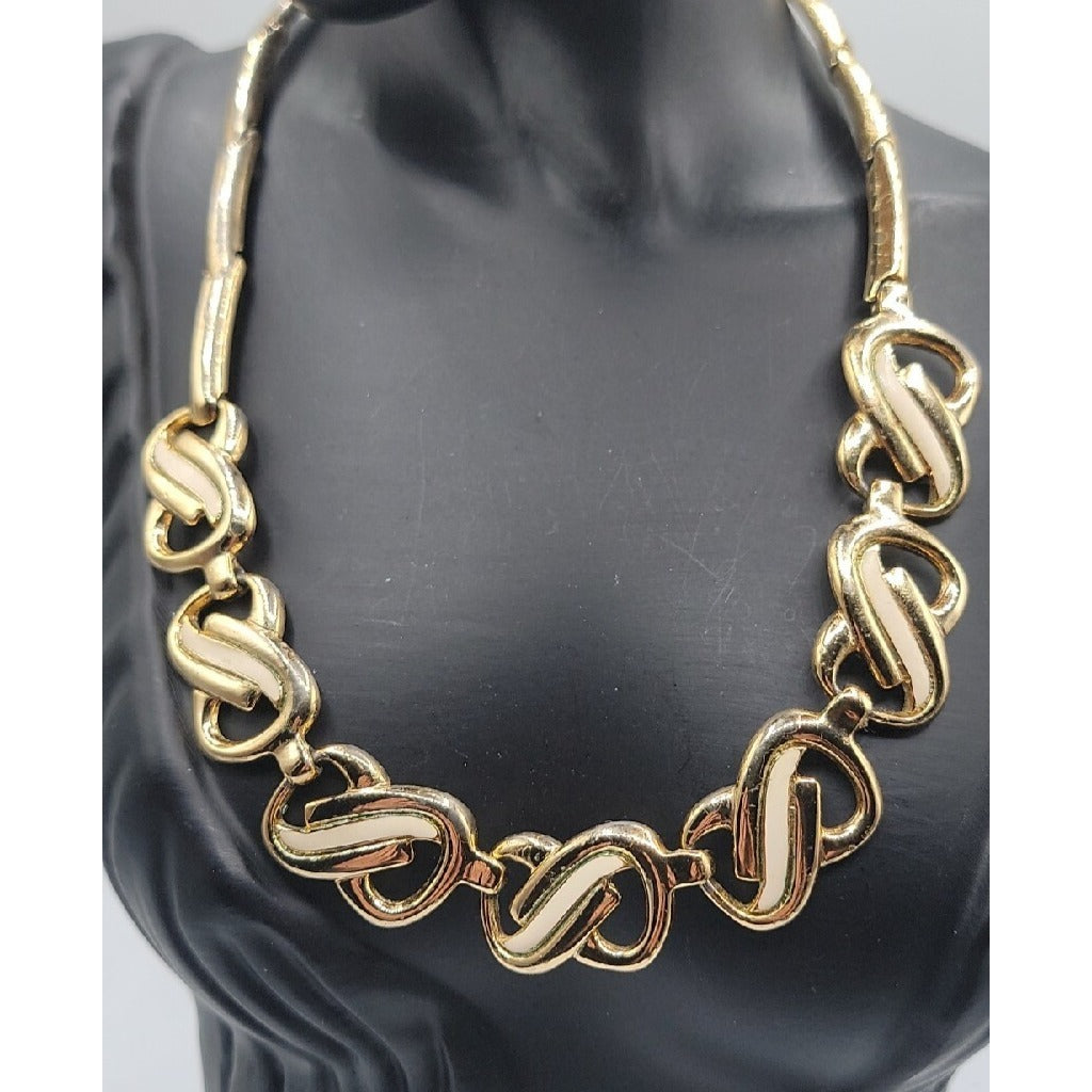 Vtg HR Paris Helena Rubinstein Gold Tone Cream Enamel Interlocking Choker Necklace 15"