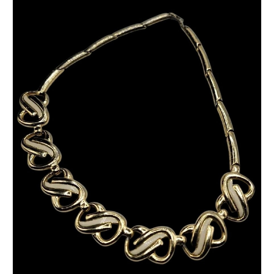 Vtg HR Paris Helena Rubinstein Gold Tone Cream Enamel Interlocking Choker Necklace 15"