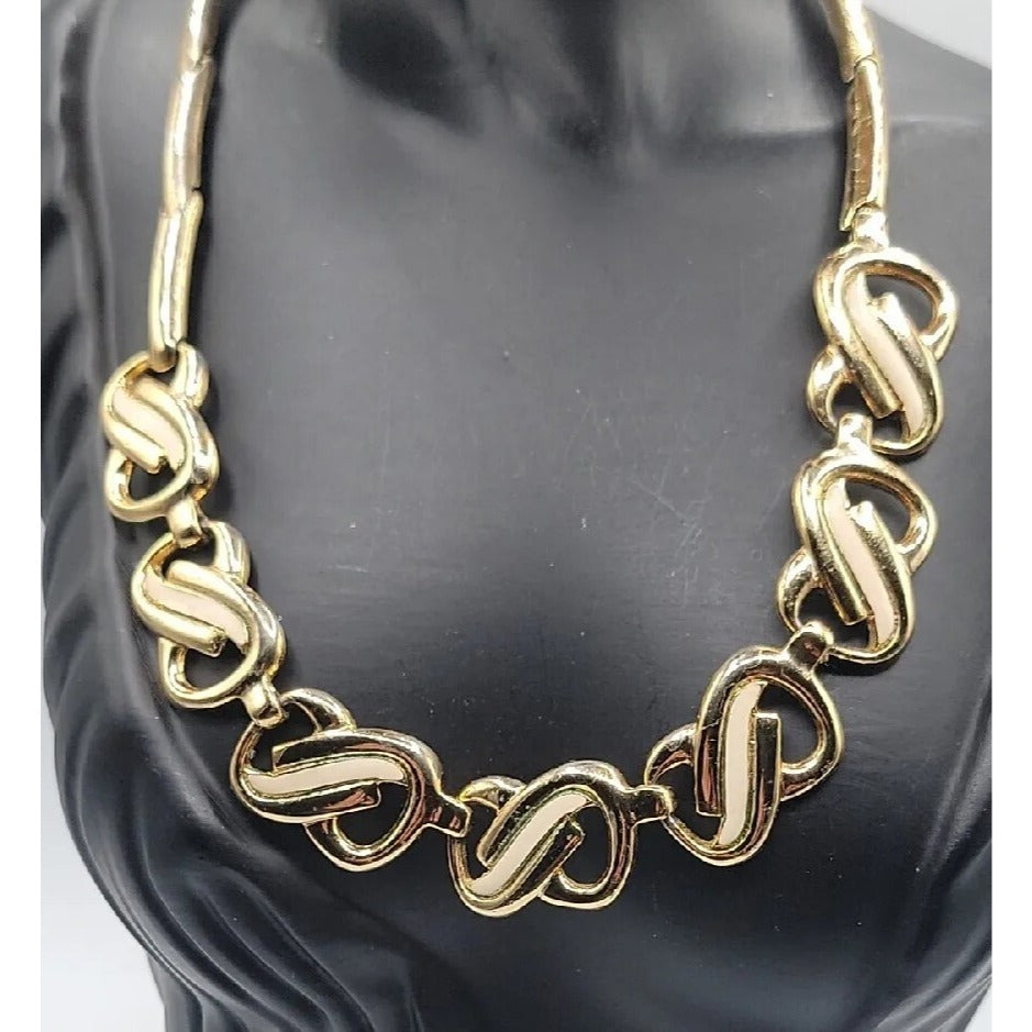 Vtg HR Paris Helena Rubinstein Gold Tone Cream Enamel Interlocking Choker Necklace 15"