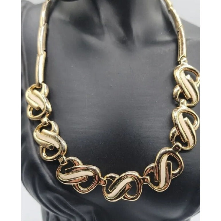 Vtg HR Paris Helena Rubinstein Gold Tone Cream Enamel Interlocking Choker Necklace 15"
