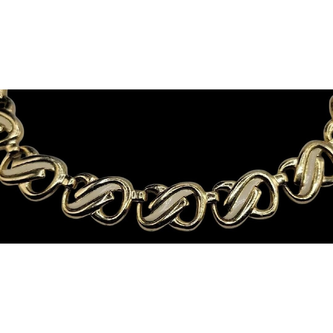 Vtg HR Paris Helena Rubinstein Gold Tone Cream Enamel Interlocking Choker Necklace 15"
