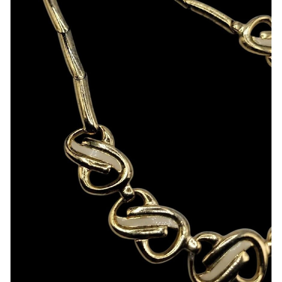 Vtg HR Paris Helena Rubinstein Gold Tone Cream Enamel Interlocking Choker Necklace 15"