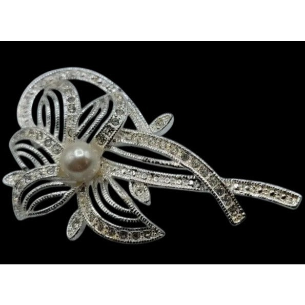 Vintage Napier Flower Brooch Pin Silver Tone Rhinestone Flower On Stem Brooch