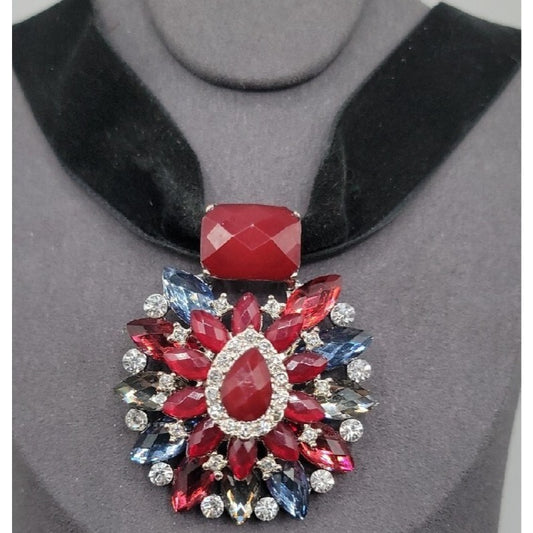 Vintage Cosmo Pendant Choker Necklace Multi Color Rhinestones Black Velvet 16"