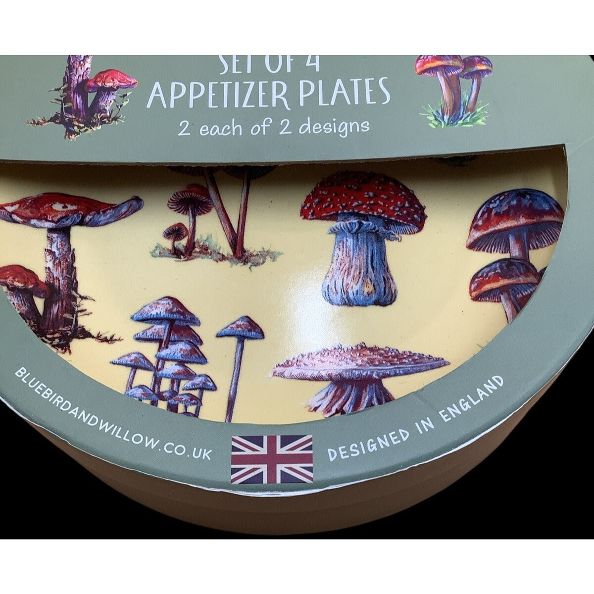 Bluebird & Willow Mushroom Plates Appetizer Luncheon Porcelain 4ct Box Set 8.75"