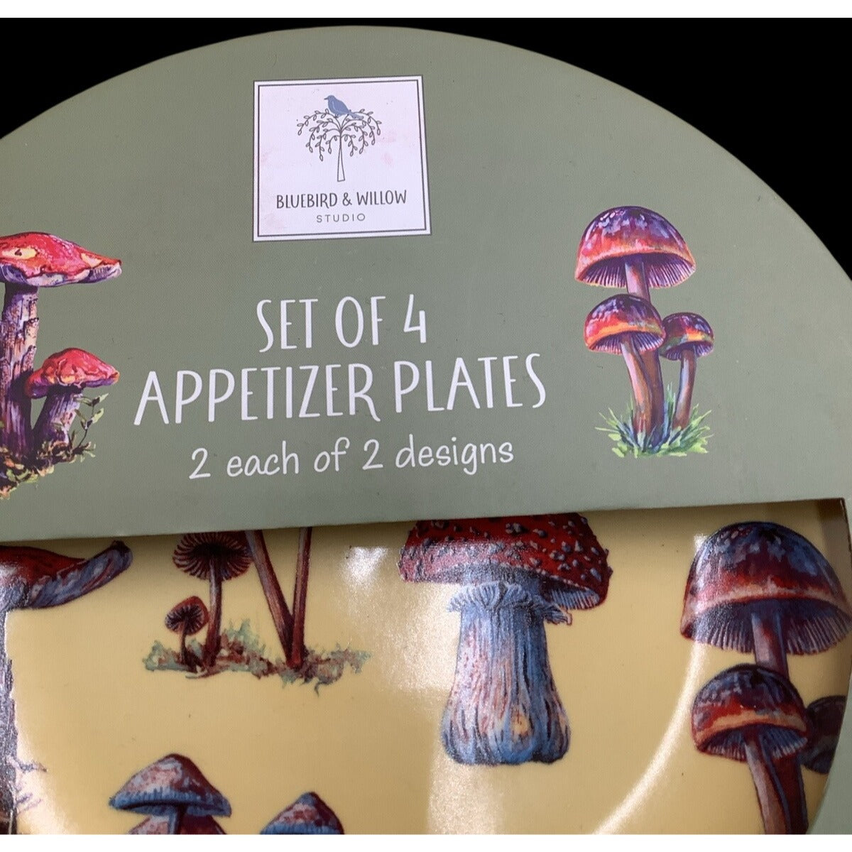 Bluebird & Willow Mushroom Plates Appetizer Luncheon Porcelain 4ct Box Set 8.75"