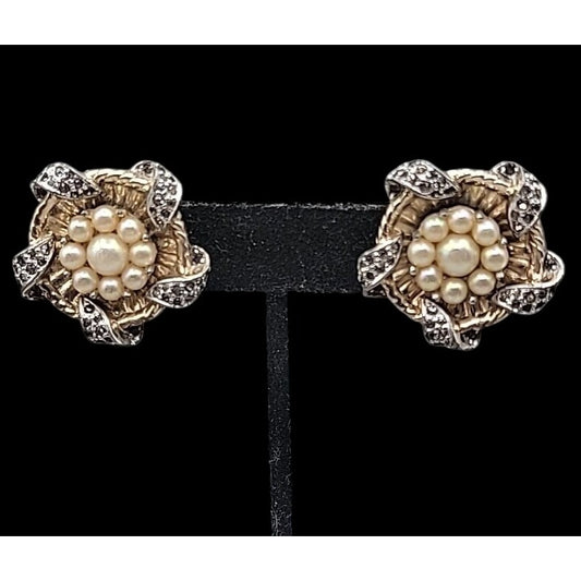 Vintage Jomaz Signed Clip On Earrings Cultured Pearls Patent # Early Design