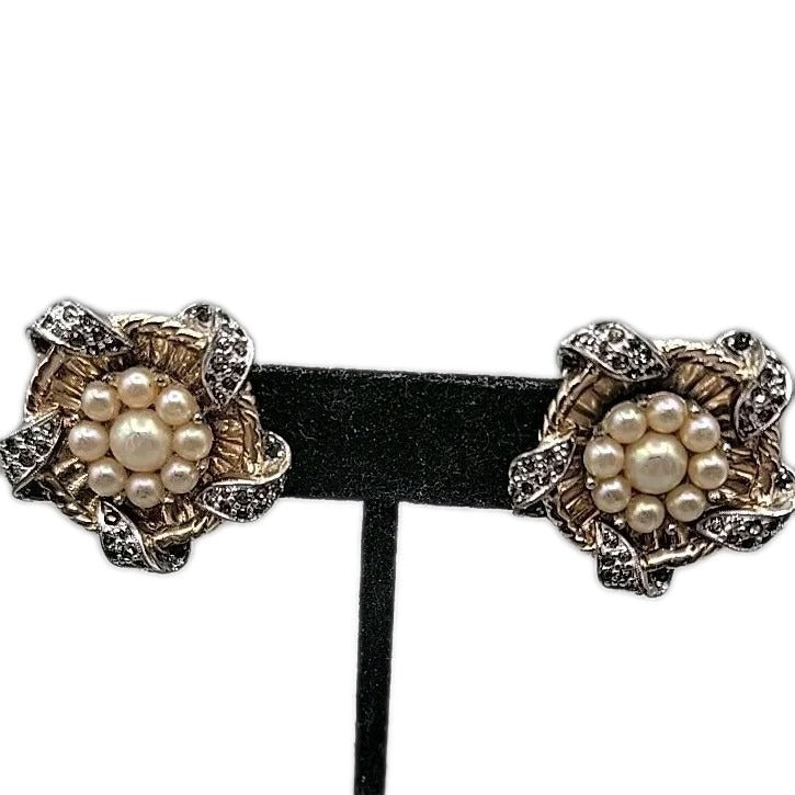 Vintage Jomaz Signed Clip On Earrings Cultured Pearls Patent # Early Design