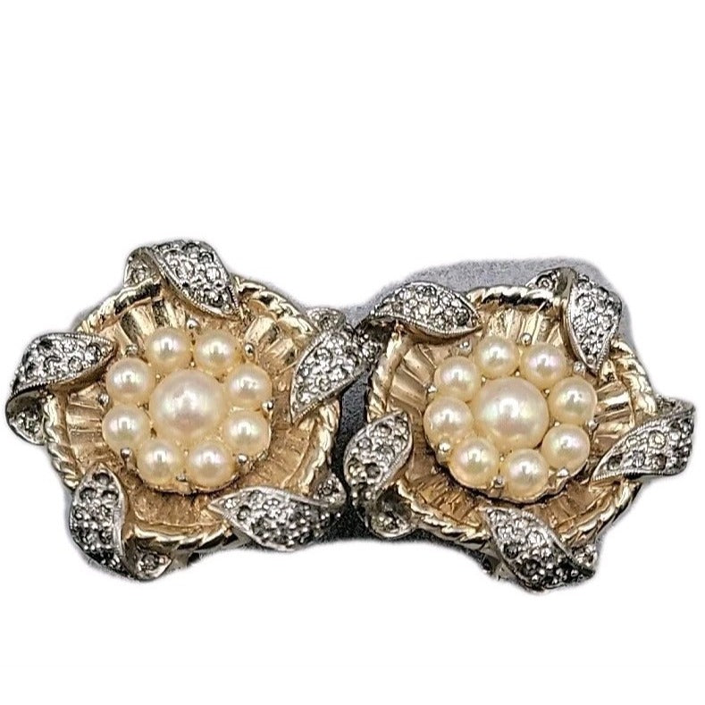 Vintage Jomaz Signed Clip On Earrings Cultured Pearls Patent # Early Design