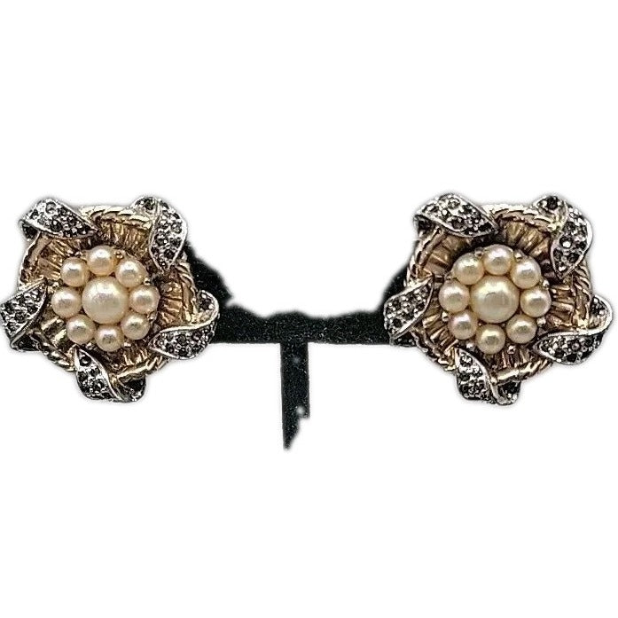 Vintage Jomaz Signed Clip On Earrings Cultured Pearls Patent # Early Design