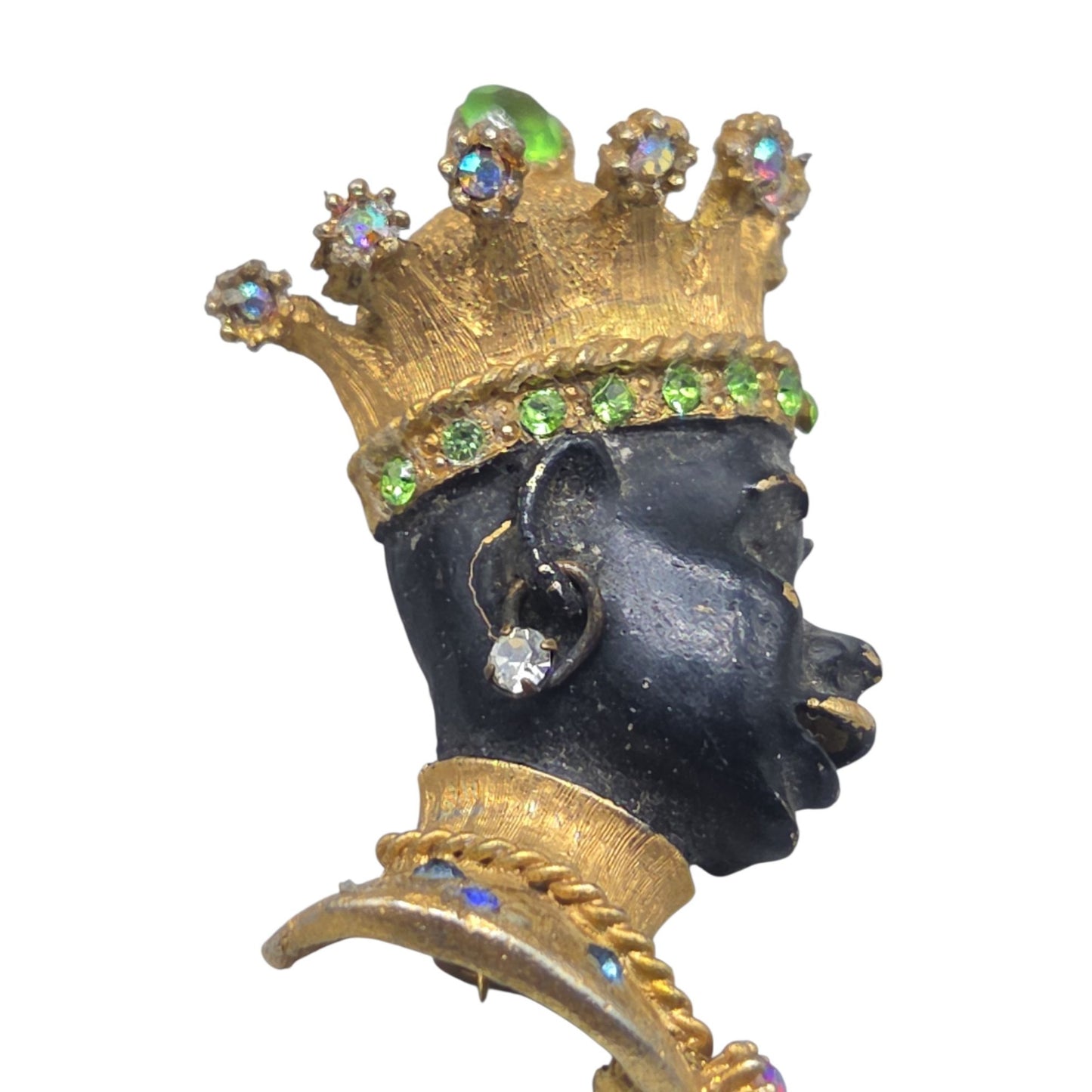Vintage Blackamoor Jeweled Crown Figural Brooch Rhinestone Couture Estate Piece