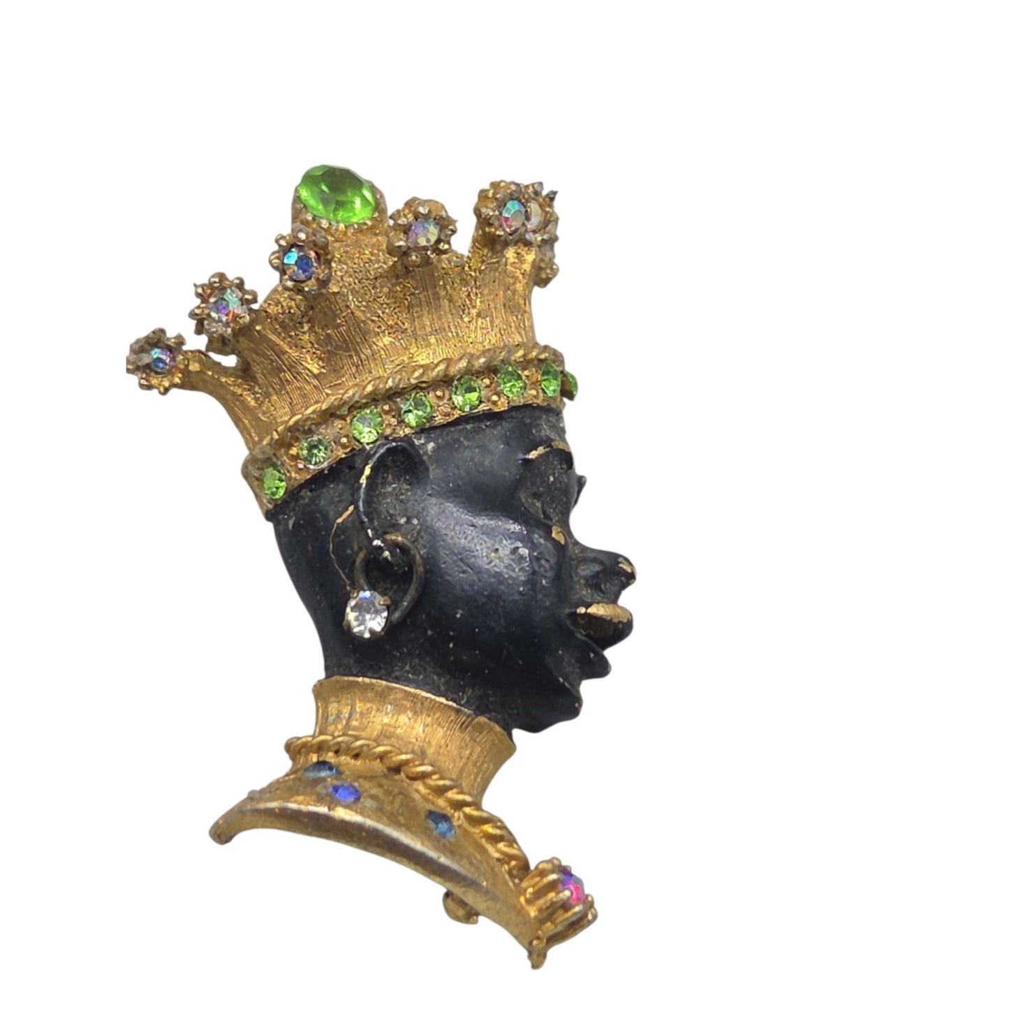 Vintage Blackamoor Jeweled Crown Figural Brooch Rhinestone Couture Estate Piece