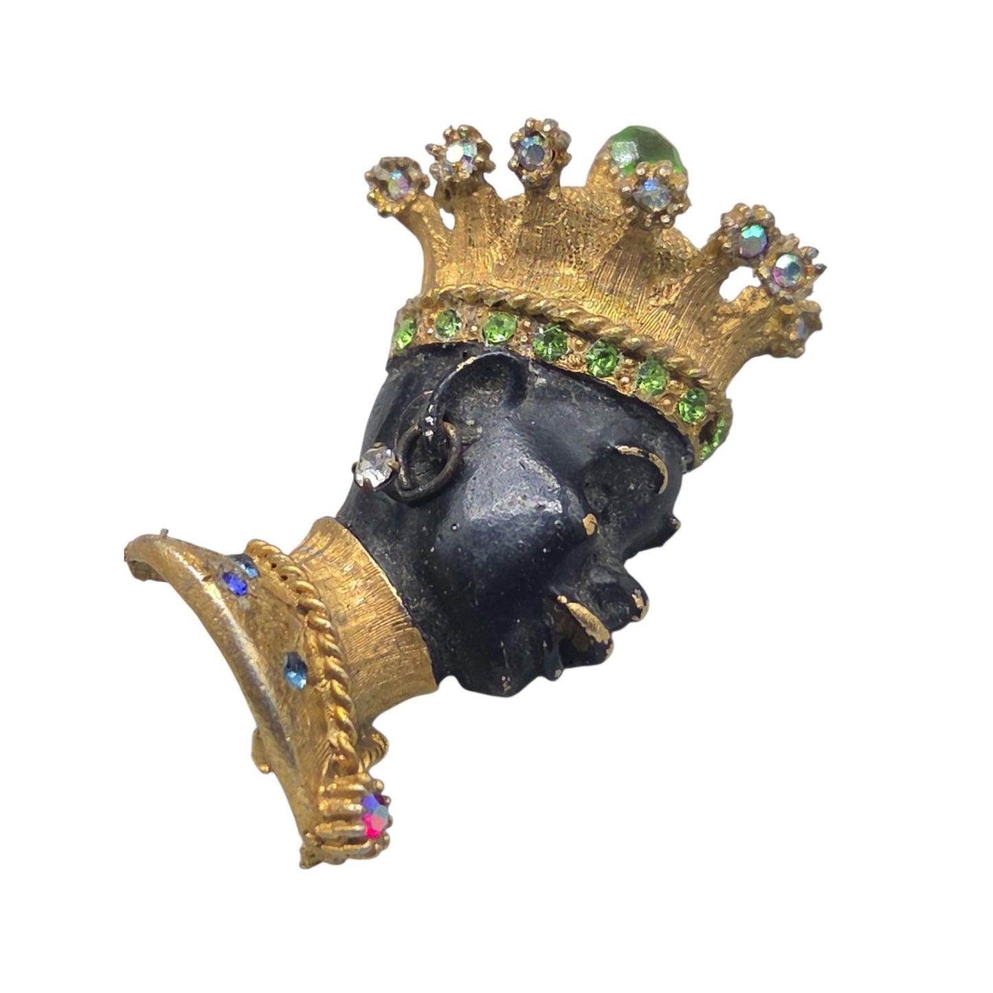 Vintage Blackamoor Jeweled Crown Figural Brooch Rhinestone Couture Estate Piece
