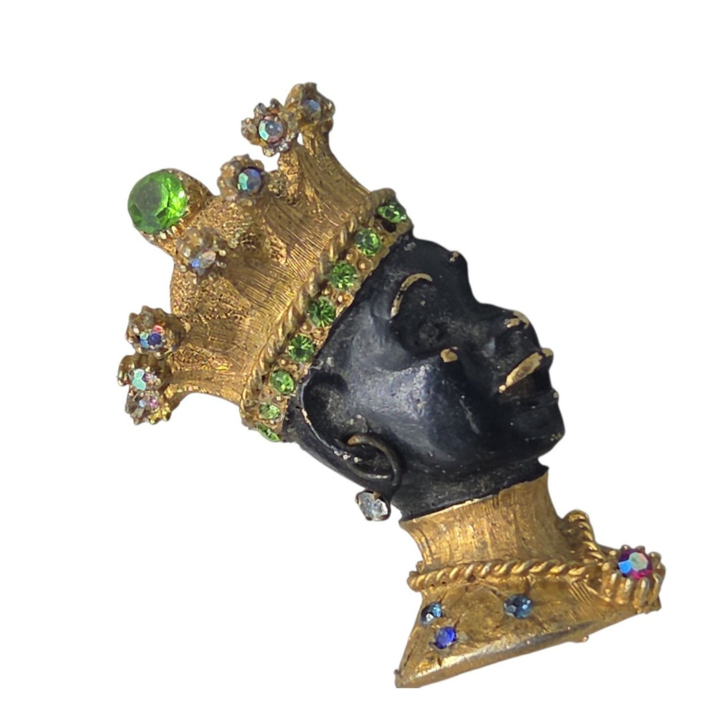 Vintage Blackamoor Jeweled Crown Figural Brooch Rhinestone Couture Estate Piece